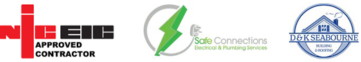 logos of three approved contractors including NICEIC for electrical services Safe Connections for electrical and plumbing services and D&K Seabourne for building services three contractors