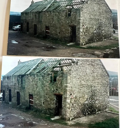 dilapidated stone building with missing roof structures and surrounding area showing weathered exterior and parking space 1 renovation project 1 architecture 1 restoration 1 history