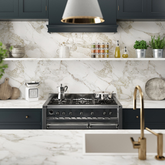 modern kitchen with gas stove and marble countertops featuring elegant decor and cooking essentials showcasing style and sophistication in three design elements
