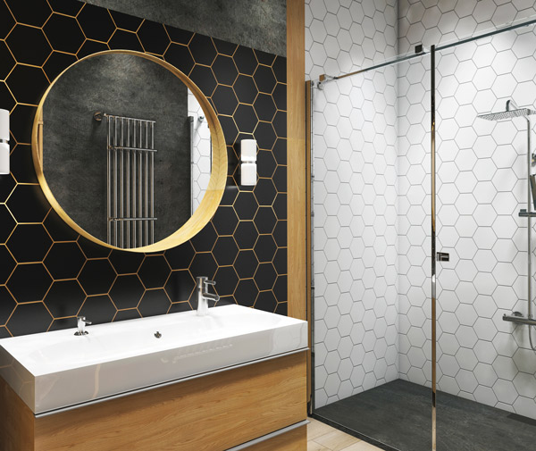 modern renovated bathroom with black tiles and gold chrome