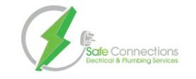 logo of Safe Connections Electrical and Plumbing Services featuring a green lightning bolt symbol and the company name with a modern design showcasing electrical and plumbing services emphasizing connectivity and safety